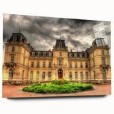 Large abstract wall art on acrylic glass depicting a modernist palace design in muted gray.