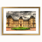 Textured art print of an abstract palace design in gold and beige tones on a framed canvas, suitable for bedroom decor.