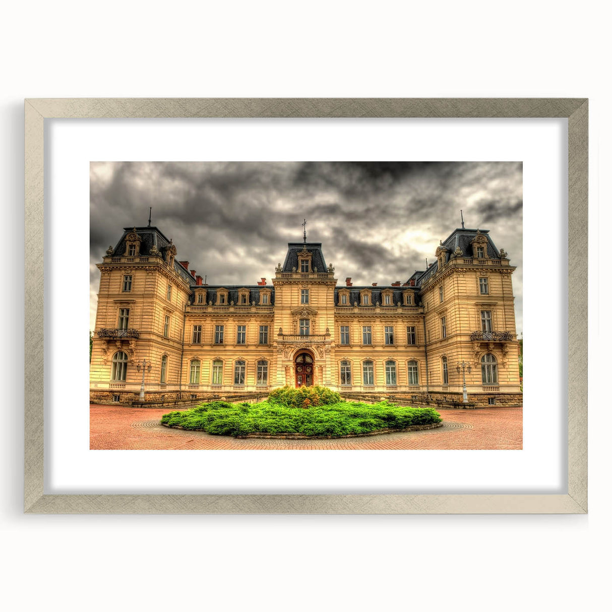 Abstract art print of a palace, using muted gold and white tones, framed in silver, ideal for dining room decor.