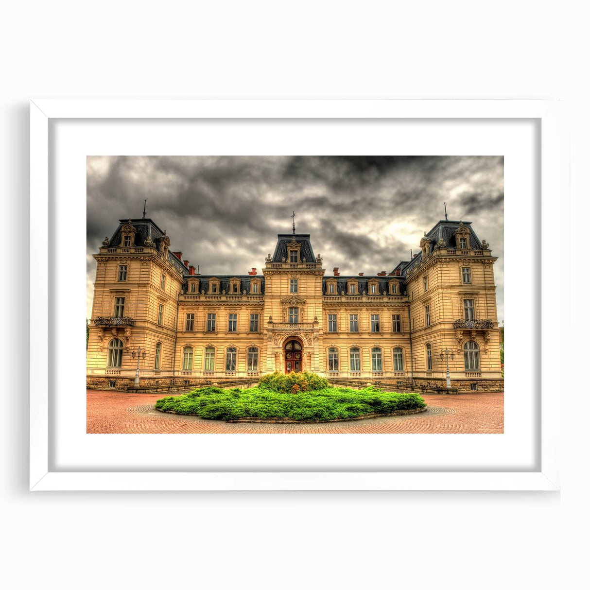Extra large abstract art print featuring a textured depiction of a palace, in muted earth tones on a white framed canvas.
