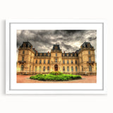 Extra large abstract art print featuring a textured depiction of a palace, in muted earth tones on a white framed canvas.