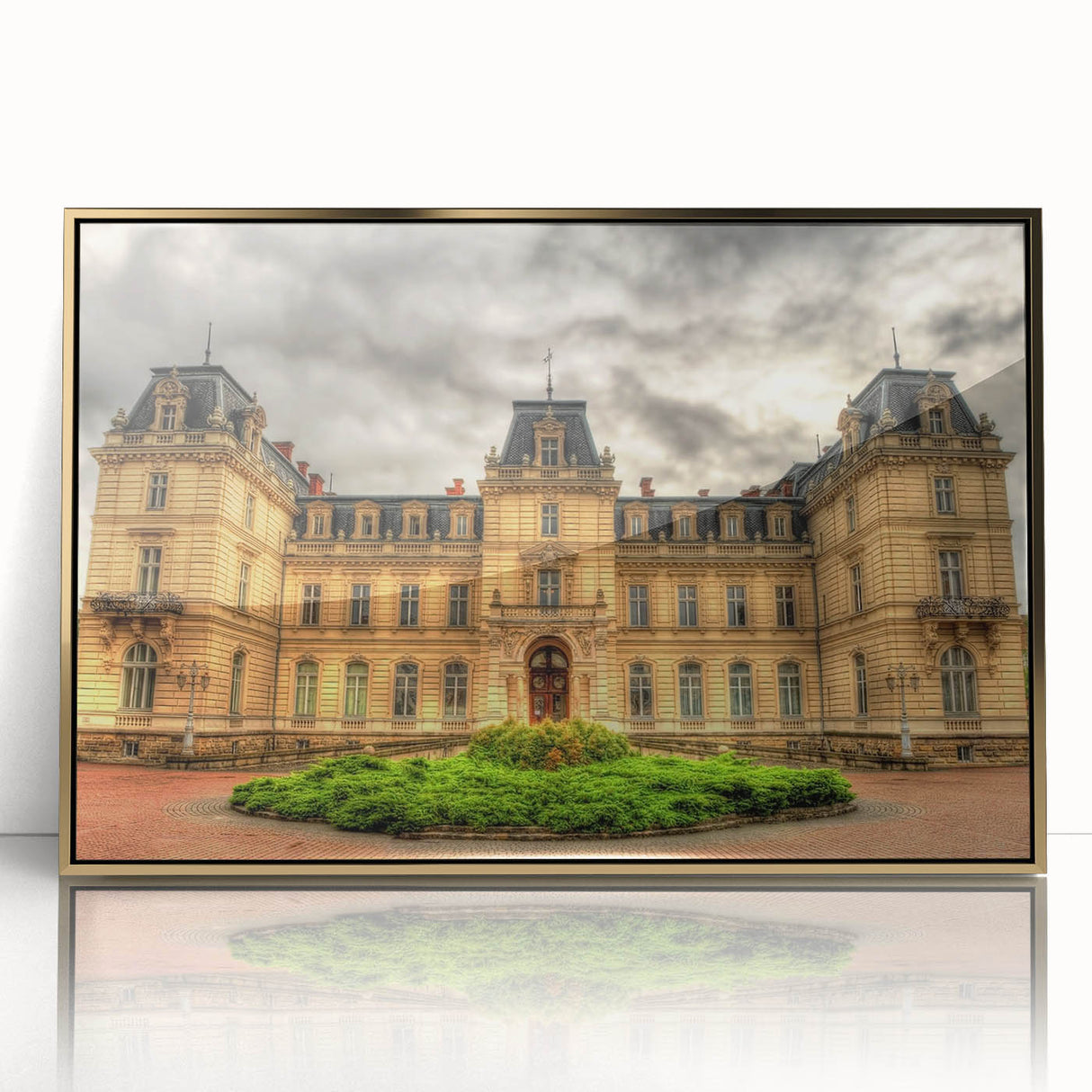Mid-century modernist art of a palace design in gold tones on framed acrylic, suitable for nursery wall art.