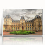 Large art print of a mid-century modernist palace design in muted colors on framed acrylic.