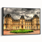 Black and white vintage poster art of a palace architecture on framed canvas, suitable for bedroom wall decor.