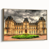 Framed canvas featuring a vintage-style landscape art painting of a palace, with a palette of black and vibrant colors.