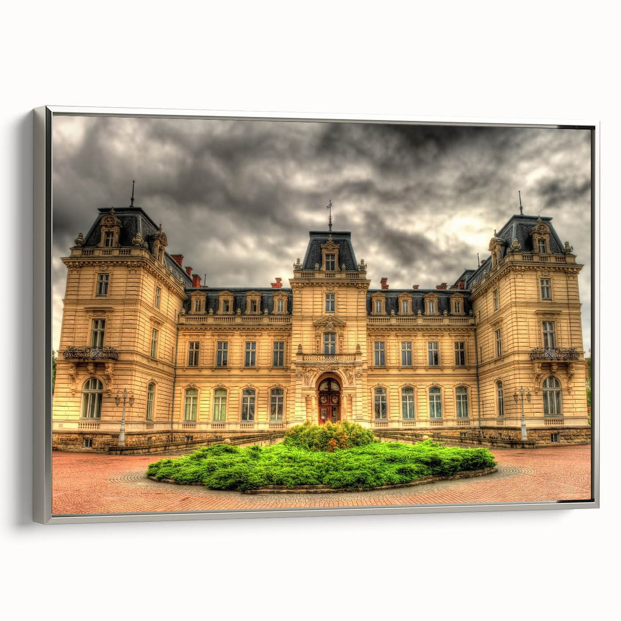 Vintage poster art of a palace design on a framed canvas, featuring black and colorful art.