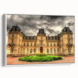 Framed canvas of a vintage-style palace architecture in black and white, ideal for bedroom wall art.