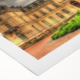 Art deco poster featuring a detailed palace architecture in bold black and gold tones on rolled canvas.