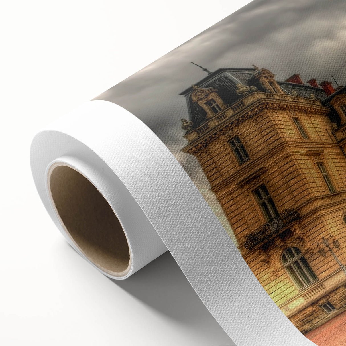 Art Deco style palace architecture poster in monochrome shades, printed on rolled canvas.