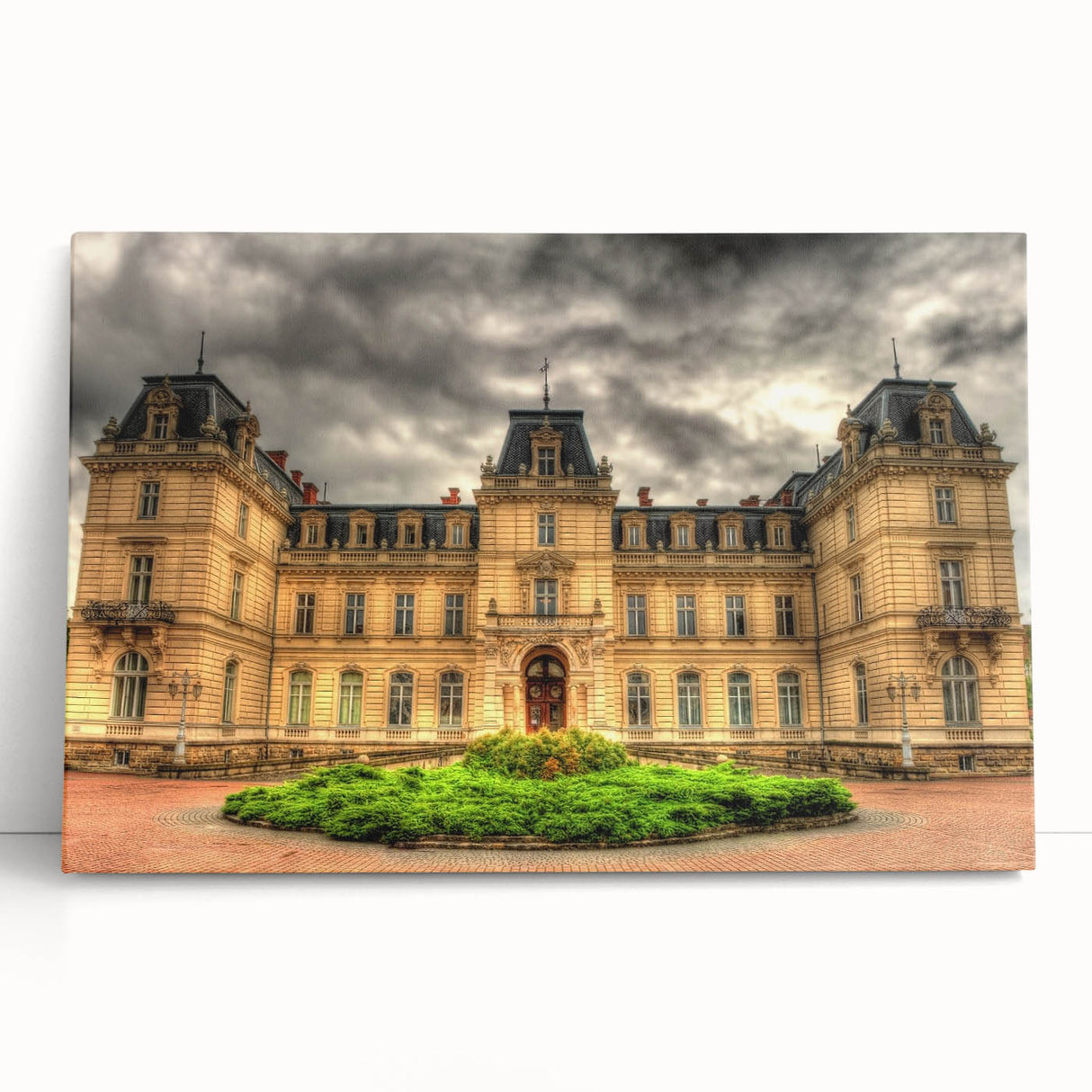Black and white photo of a palace architecture on stretched canvas, suitable as kitchen wall art or for bedroom ambiance.