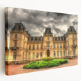 Large stretched canvas featuring a symmetrical palace design in muted beige tones, ideal for kitchen wall decor.