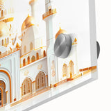 Large abstract wall art of a palace design in muted earth tones on acrylic glass, ideal for dining room ambiance.