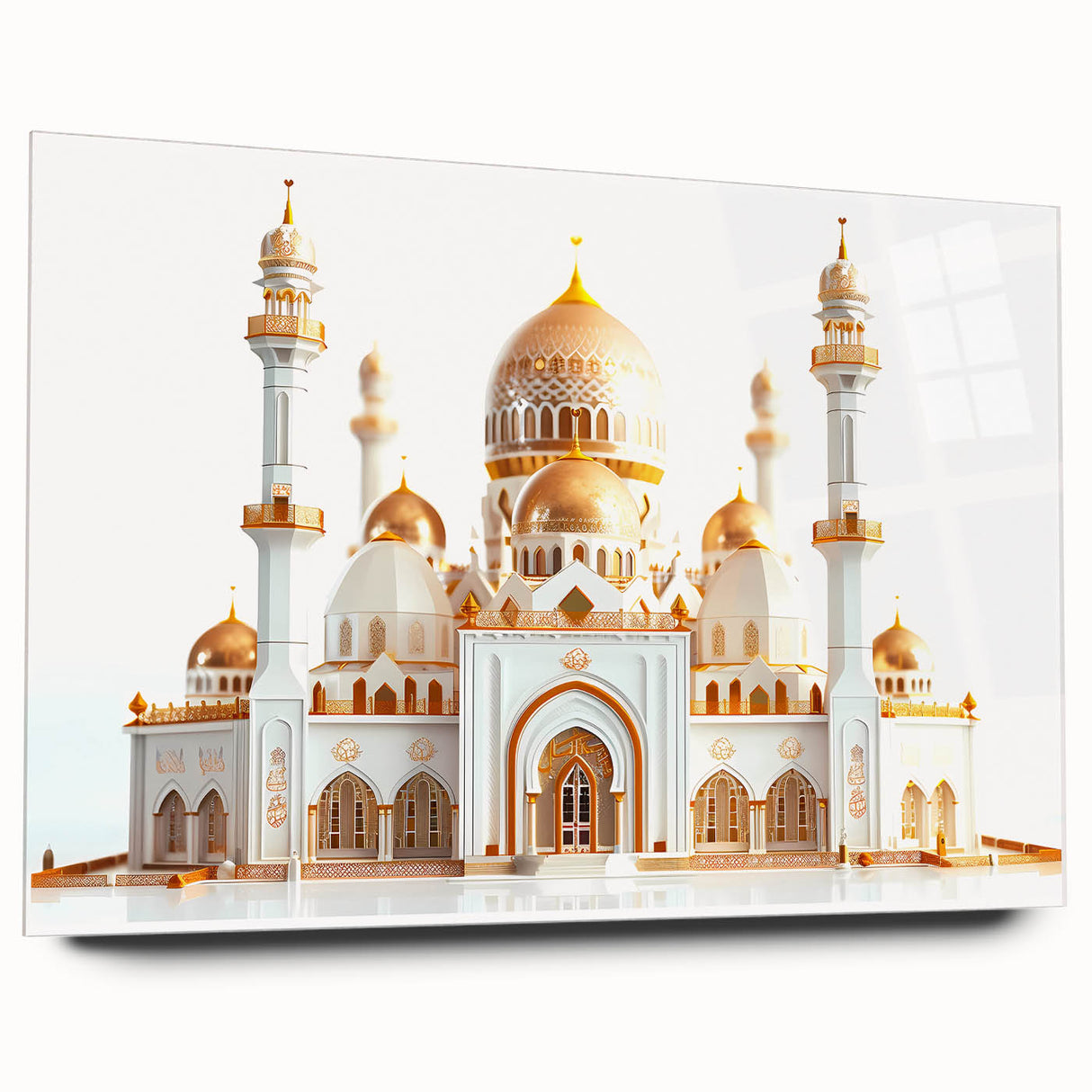 Large abstract wall art on acrylic glass depicting a palace design in muted gold and white tones.