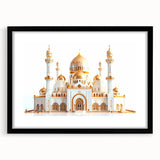 Extra large abstract art print featuring a colorful, textured depiction of a palace, in a black frame with mat.