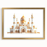 Textured abstract art print of a palace, in muted gold and beige tones on a framed canvas.