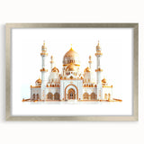Abstract art print of a palace design in muted silver tones on a framed canvas, suitable for dining room decor.