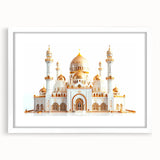 Extra large abstract art print featuring a textured design of a palace in muted earth tones, framed in white.
