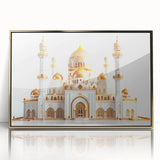 Mid-century modernist art deco palace design in gold tones on a framed acrylic, ideal for modern art wall decor.