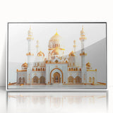 Large art print of a mid-century modernist palace in muted gray and white tones, framed in acrylic.