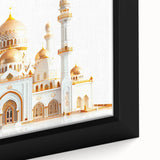 Close-up of extra large framed canvas featuring a textured black palace design with colorful art accents.