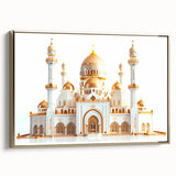 Framed canvas of a vintage palace landscape in muted gold and black tones.