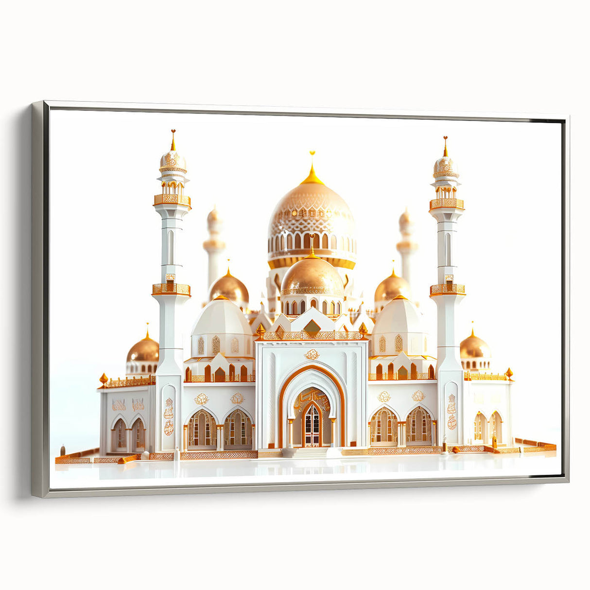 Extra large framed canvas featuring a vintage poster art of a palace design in black with colorful accents.