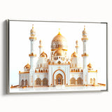 Extra large framed canvas featuring a vintage poster art of a palace design in black with colorful accents.