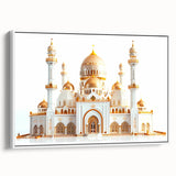 Framed canvas featuring a vintage black and white landscape painting of a palace, ideal for bedroom wall art.