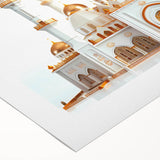 Art deco poster of a palace architecture in muted gold and teal on rolled canvas, suitable for dining room decor.