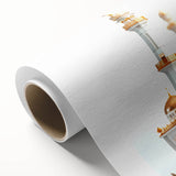 Art deco poster of a palace design in bold black and gold tones on rolled canvas.