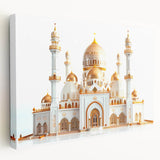 Side view of a large stretched canvas featuring a detailed palace architecture design in neutral tones.