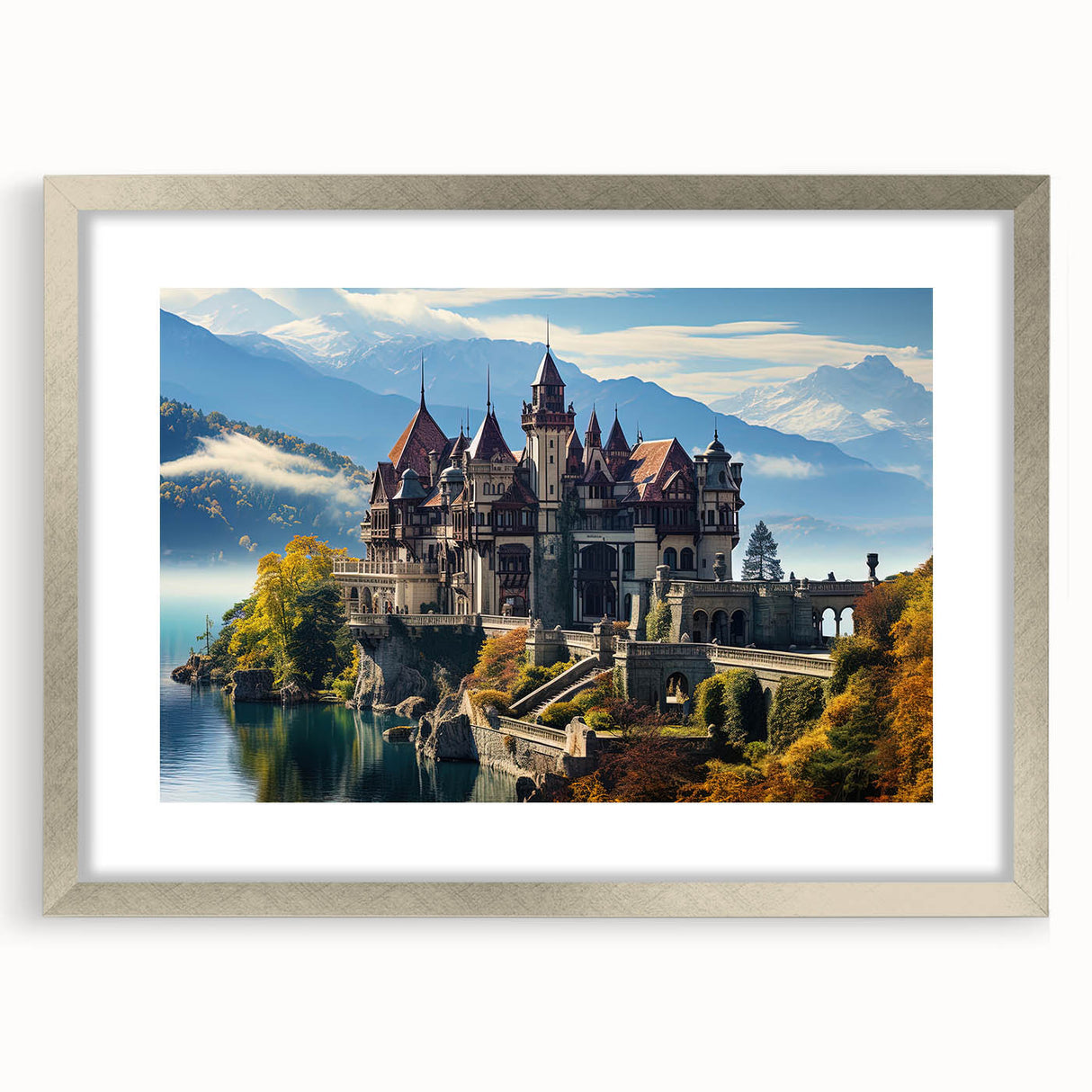 Abstract art print featuring a geometric palace design in silver and gray tones, framed with a silver mat.