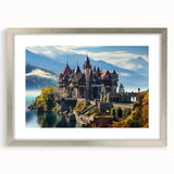 Abstract art print featuring a geometric palace design in silver and gray tones, framed with a silver mat.