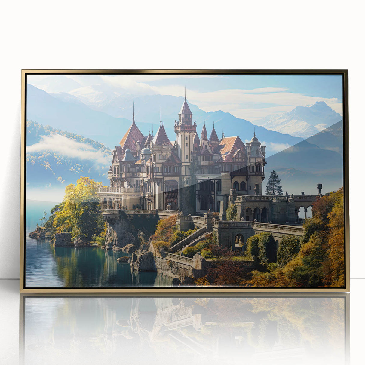 Mid-century modernist art of a palace in acrylic print with gold framing, ideal for nursery wall art.