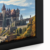 Extra large framed canvas featuring a textured depiction of a palace in black with colorful art accents.
