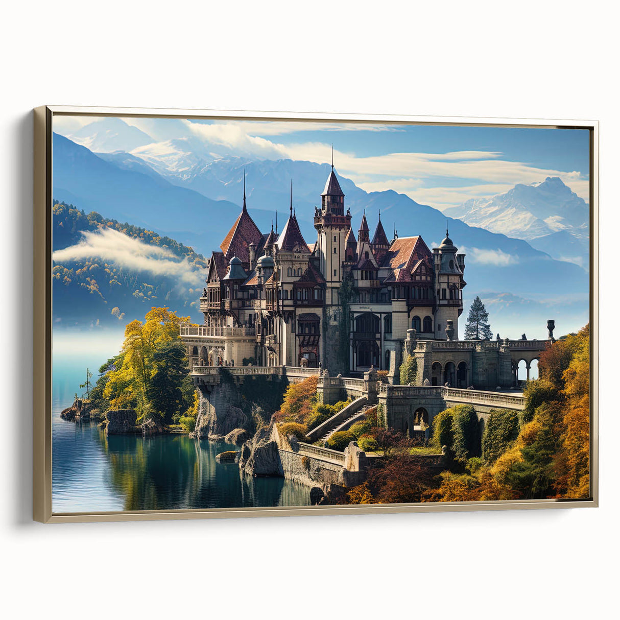 Framed canvas featuring a vintage palace design in muted gold and black, ideal for adding a historical touch to office decor.