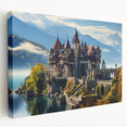 Side view of a large stretched canvas depicting an architectural palace design in neutral tones.