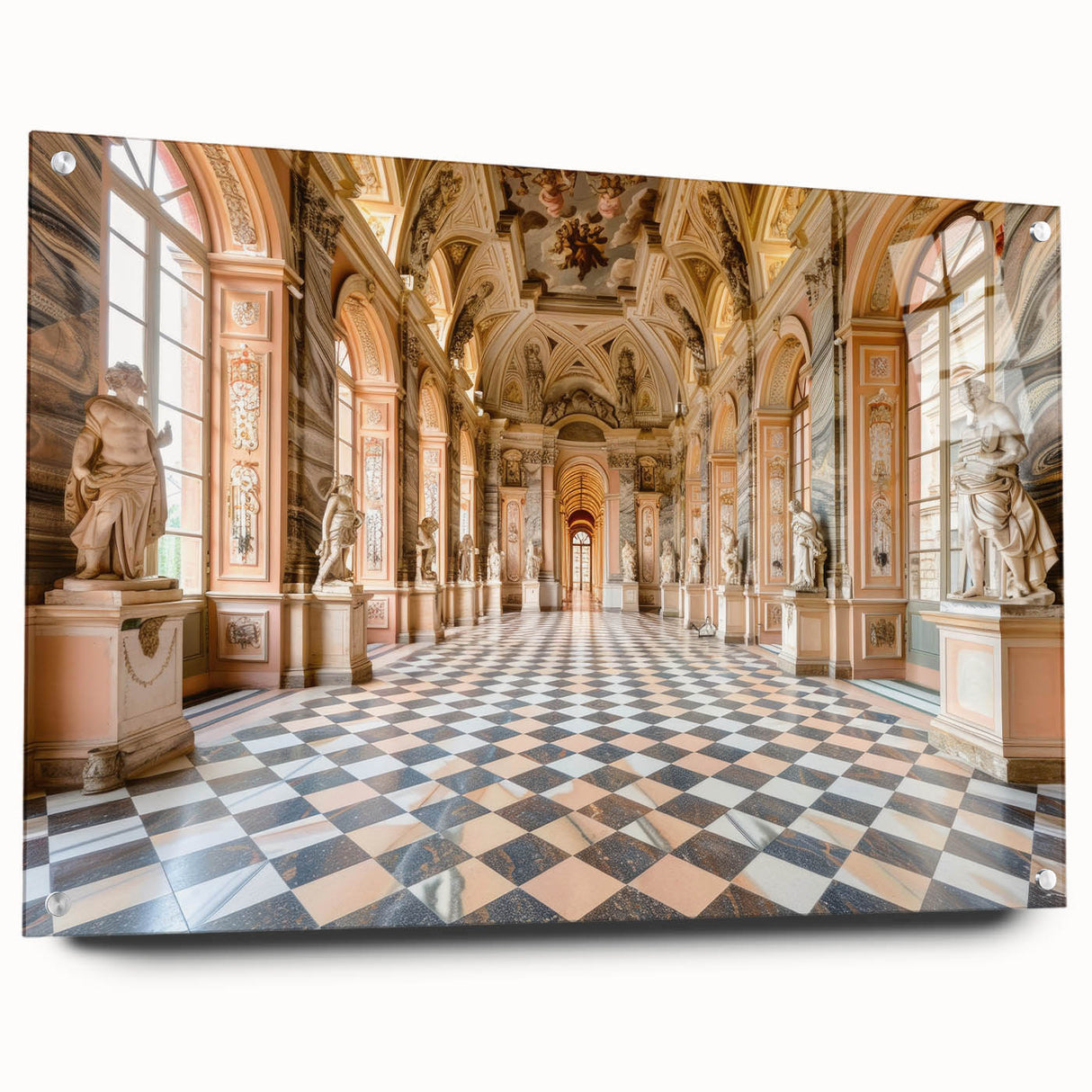 Large abstract wall art depicting a palace design in muted gold and white tones on acrylic glass.