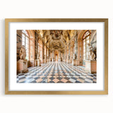 Textured abstract art print of a palace design in gold and beige tones on a framed canvas, suitable for bedroom decor.