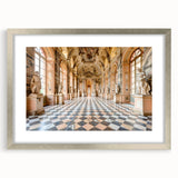 Abstract art print of a palace design in silver frame with mat, featuring cool gray and white tones.
