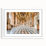 Extra large abstract art print of a textured palace design in muted earth tones, framed with a white mat.