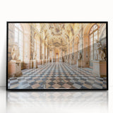 Large abstract wall art featuring a mid-century modernist palace design in black and white tones, framed in acrylic.