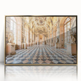 Mid-century modernist art deco palace design in gold and white tones, acrylic framed, ideal for nursery wall art.