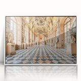 Large acrylic print of a mid-century modernist palace architecture in muted tones, ideal for modern art wall decor.