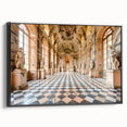Black and white vintage poster art of a palace architecture on framed canvas, suitable for bedroom wall decor.