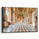 Black and white vintage poster art of a palace architecture on framed canvas, suitable for bedroom wall decor.