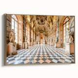 Framed canvas of a vintage-style palace design in gold and black, ideal for adding a classic touch to living room decor.