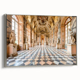 Framed vintage poster art of a palace in vibrant colors on silver canvas, ideal for extra large living room wall decor.