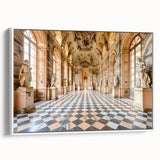 Framed canvas print of a vintage-style palace in black and white, ideal for bedroom wall art.