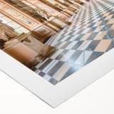 Art Deco poster featuring a geometric palace design in muted gold and black on rolled canvas.